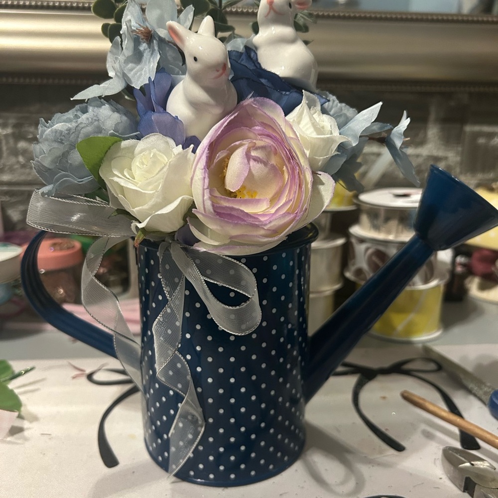 Charming Blue Polka Dot Watering Can with Faux Floral Arrangement